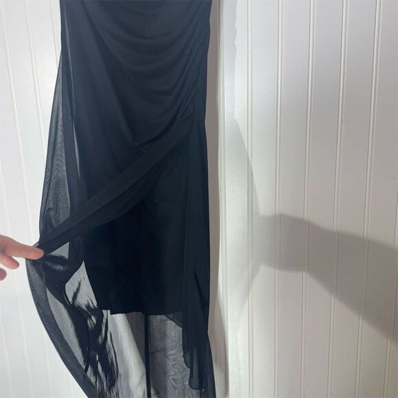 Vintage Y2K Up Front Black Ruched Mesh Slip Dress High Low Hem USA Size Large - Picture 3 of 10